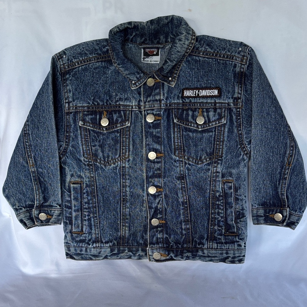 VINTAGE LIKE NEW! HARLEY-DAVIDSON DENIM BLUE JEANS JACKET & HEADWRAP SIZE 4T - Picture 4 of 16
